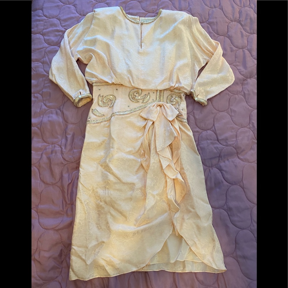 Vintage 80s Destinee Peach beaded cocktail dress